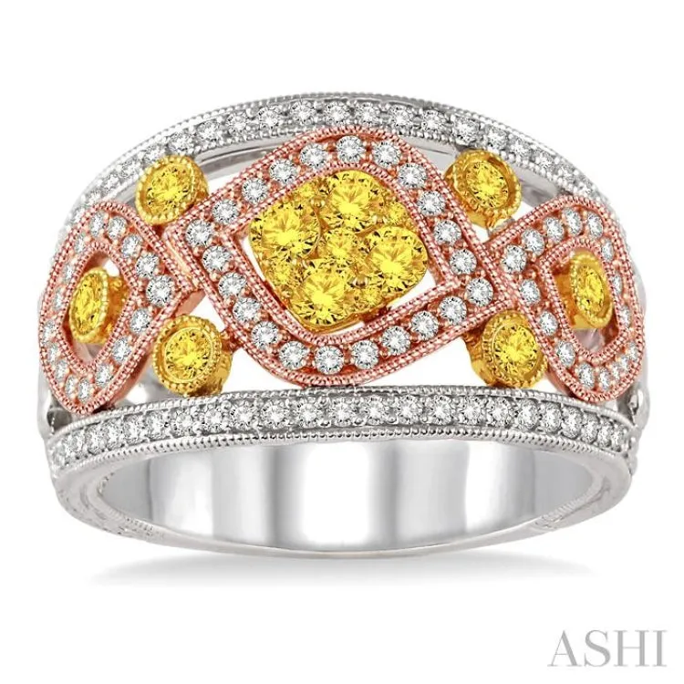 1 1/10 Ctw Round Cut White and Yellow Diamond Fashion Ring in 14K Tri Color Gold