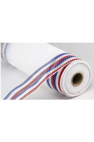 10.5" Border Stripe Faux Jute Mesh Ribbon: White/Red/Blue (10 Yards)