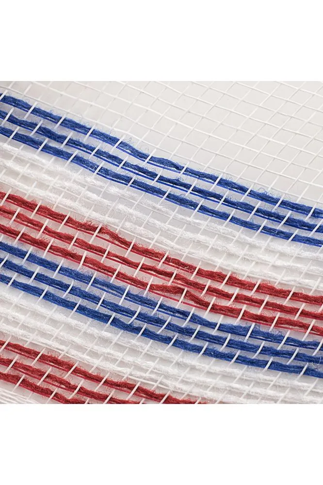 10.5" Border Stripe Faux Jute Mesh Ribbon: White/Red/Blue (10 Yards)