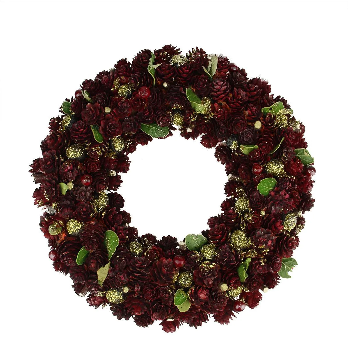 12" Wine Burgundy and Gold Glitter Pine Cone Artificial Christmas Wreath - Unlit