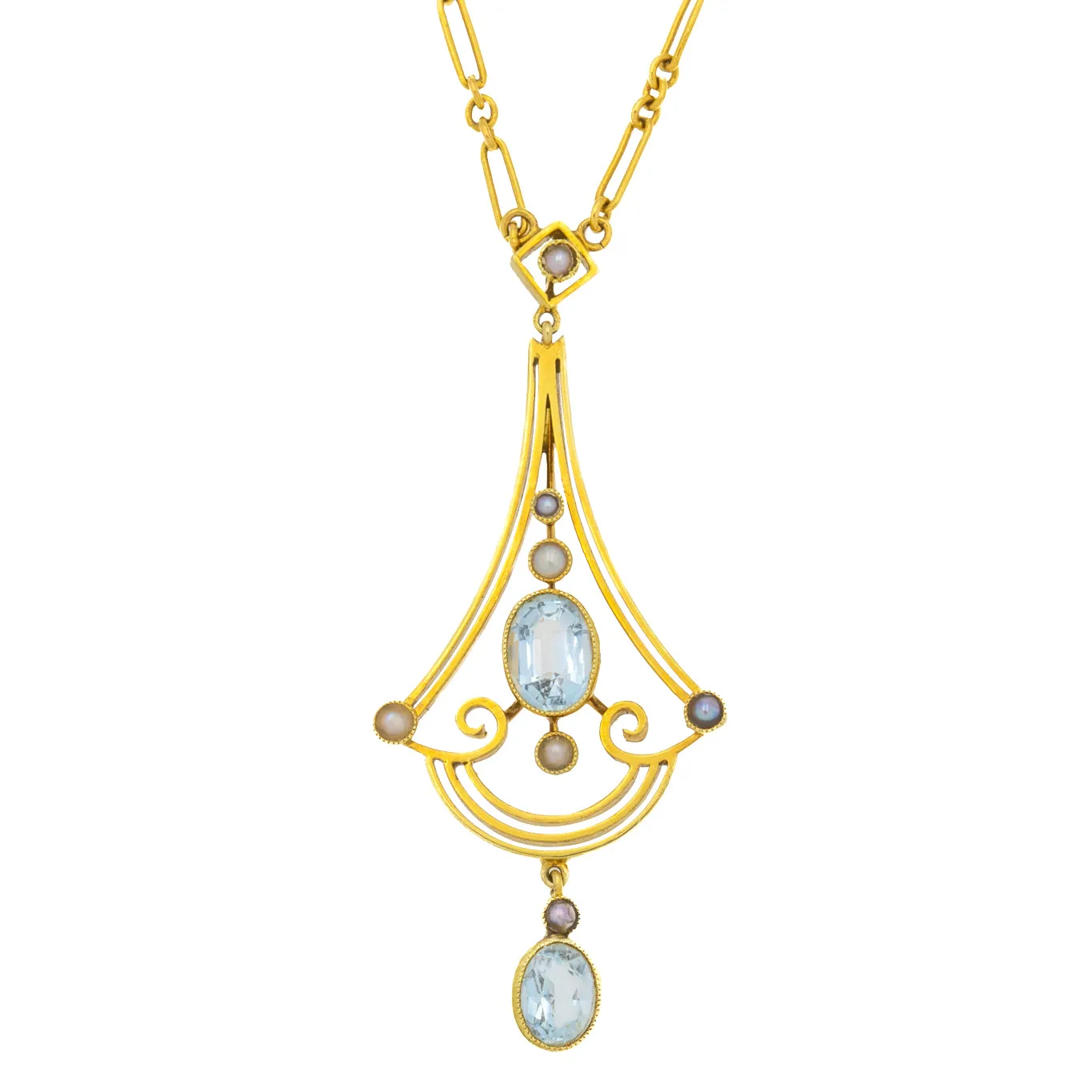 15.5" Edwardian 15ct Gold Aquamarine & Pearl Necklace