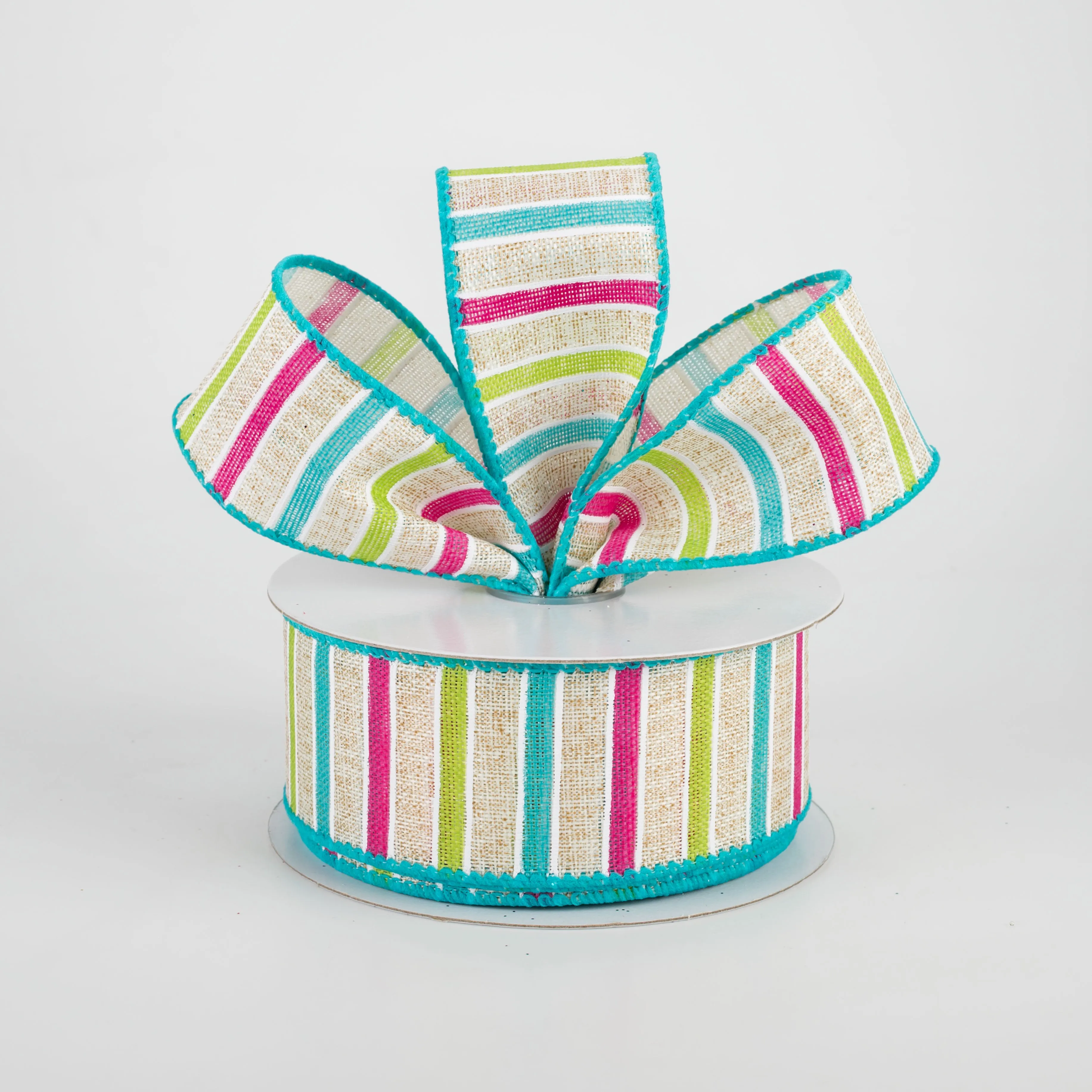 1.5" Bali Stripes Ribbon: Turquoise, Lime, Fuchsia, Natural (10 Yards)