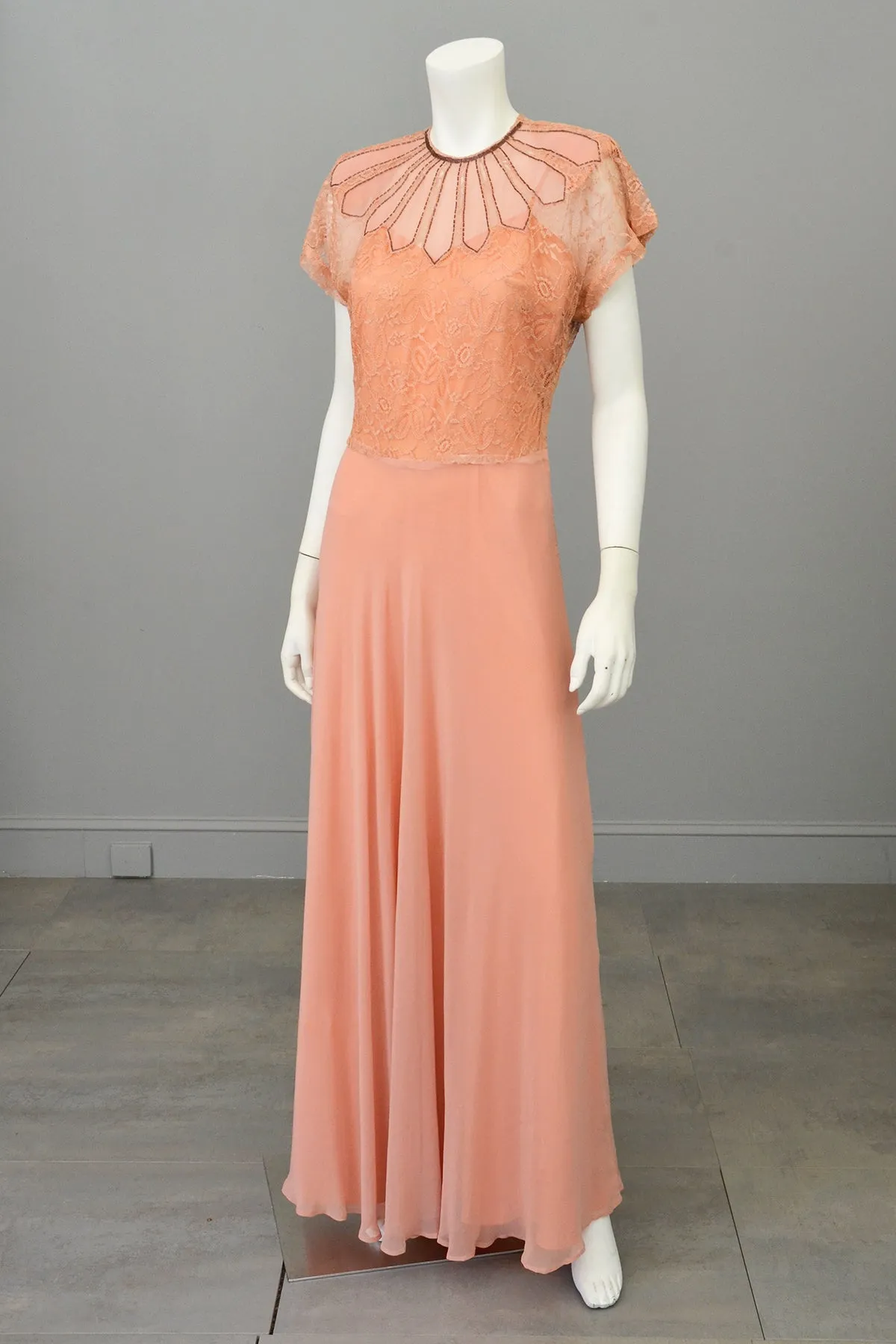 1930s Peach Art Deco Beaded Lace Gown