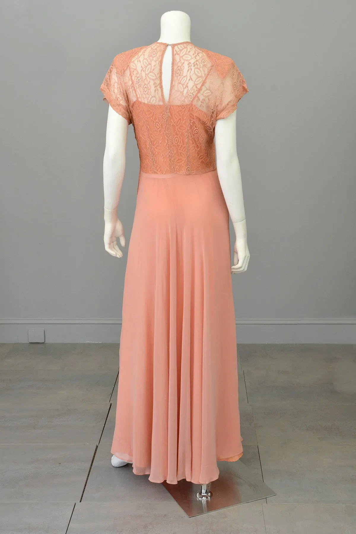 1930s Peach Art Deco Beaded Lace Gown