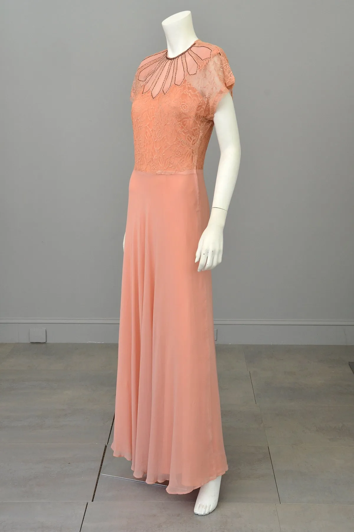 1930s Peach Art Deco Beaded Lace Gown