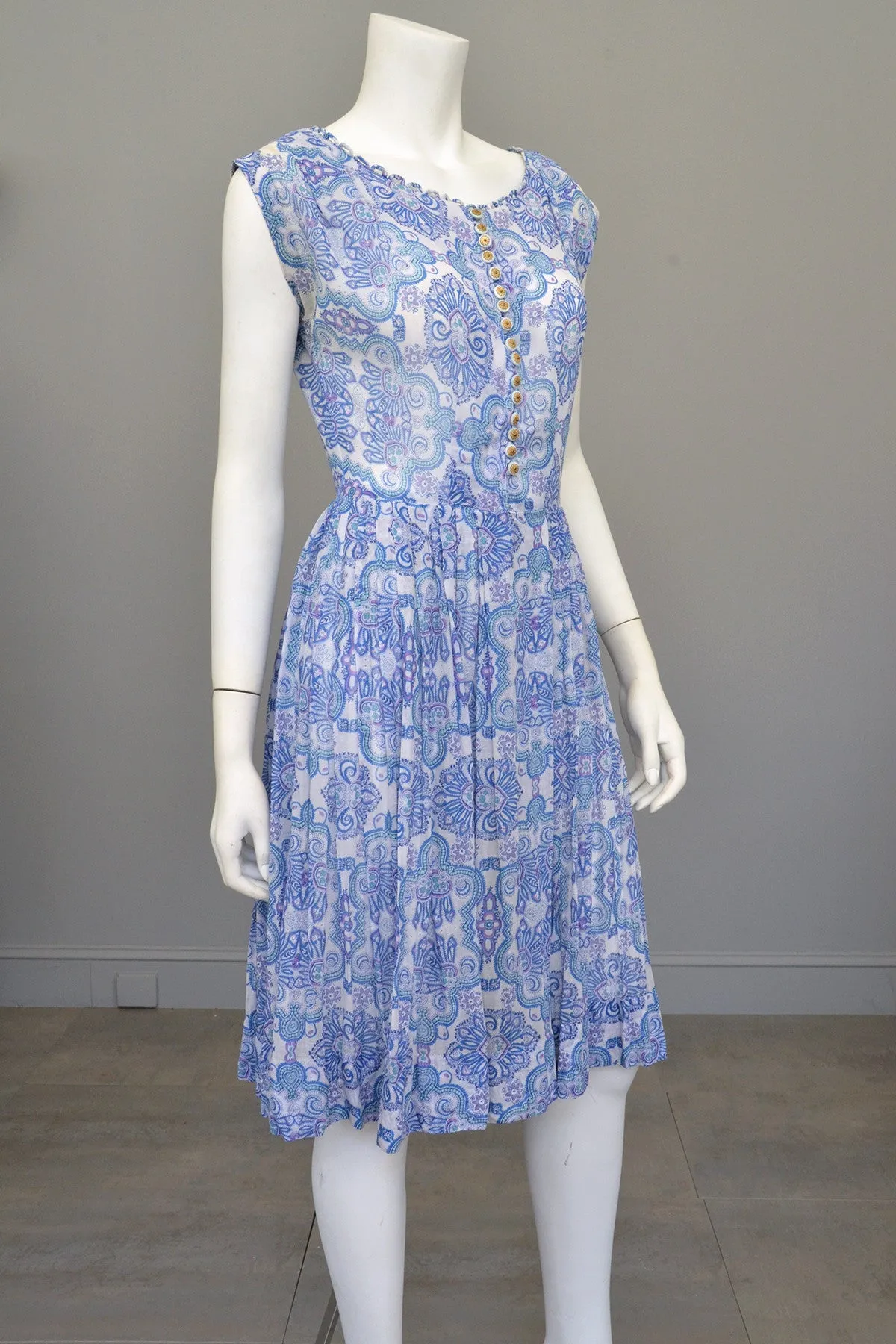 1950s Semi Sheer Blue White Paisley Scallop Trim Starfish Sundress