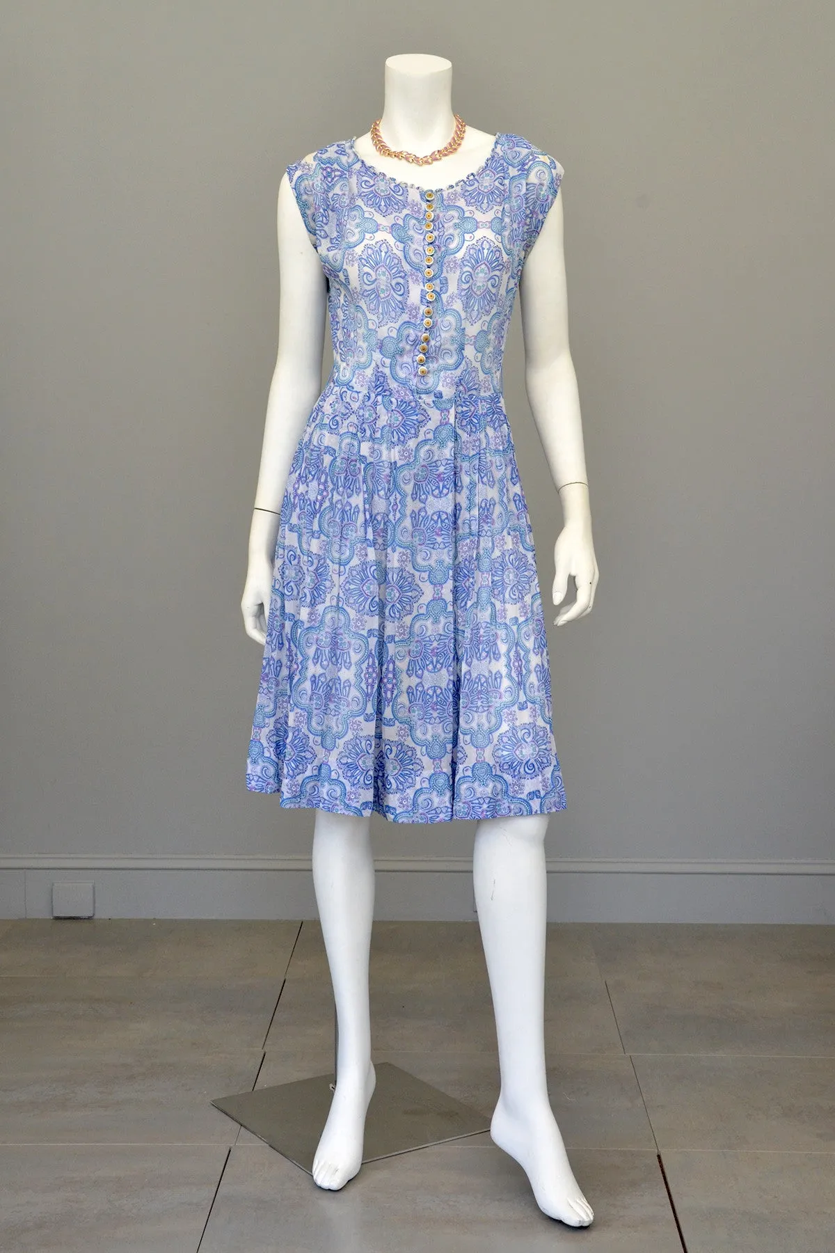 1950s Semi Sheer Blue White Paisley Scallop Trim Starfish Sundress