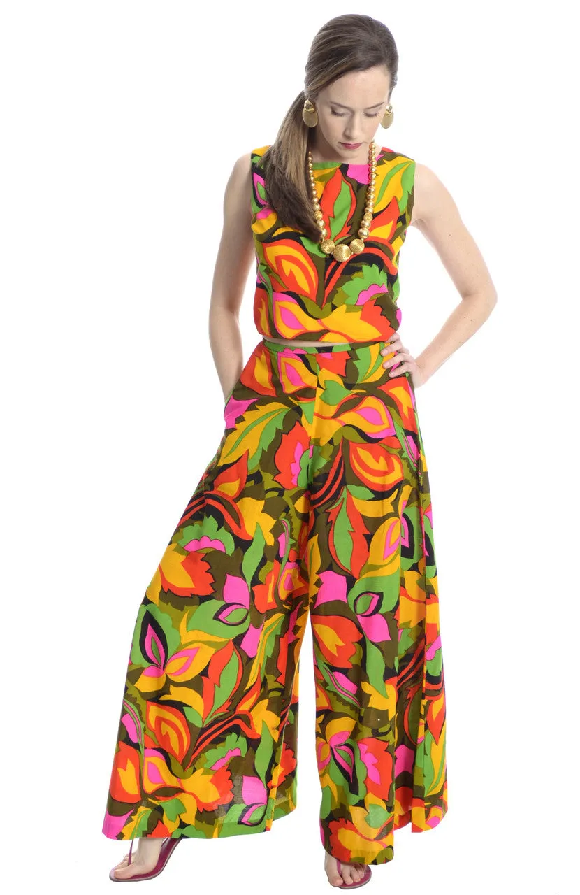 1960's Vintage Palazzo Pants and Crop Top with Tropical Floral Print