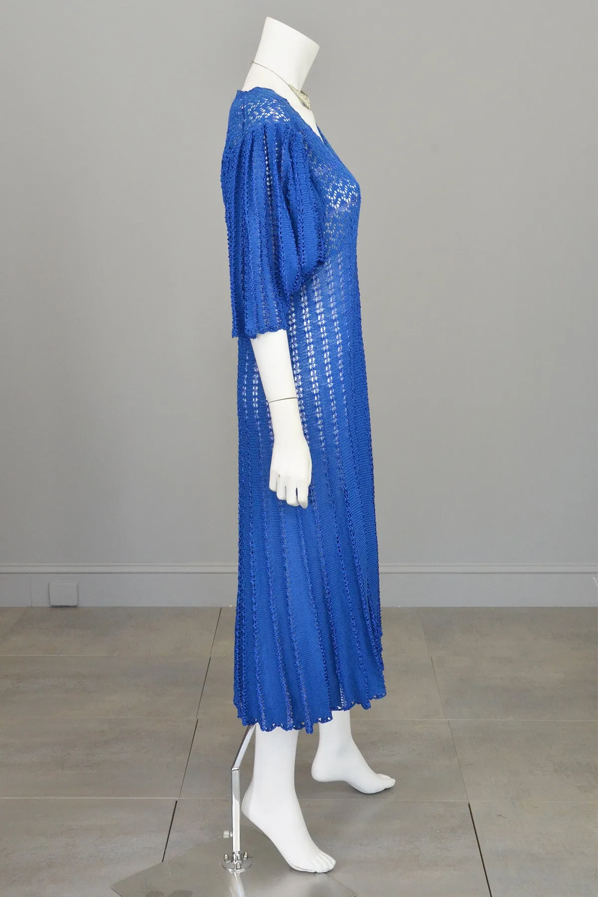 1970s Vibrant Blue Knit Crochet Dress Draping Angel Sleeves