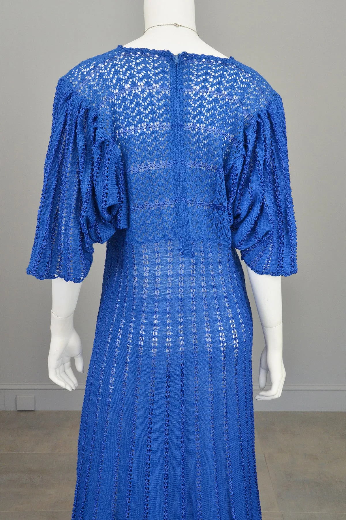 1970s Vibrant Blue Knit Crochet Dress Draping Angel Sleeves