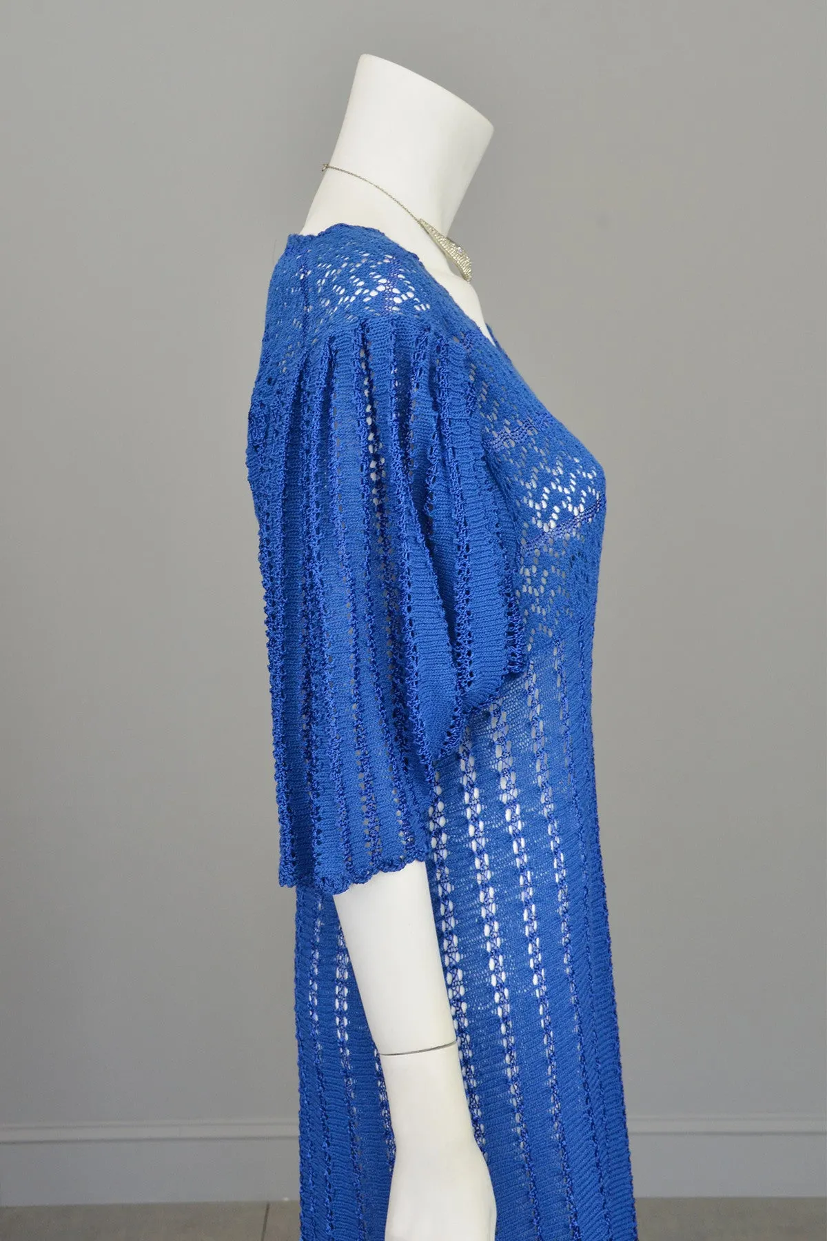 1970s Vibrant Blue Knit Crochet Dress Draping Angel Sleeves