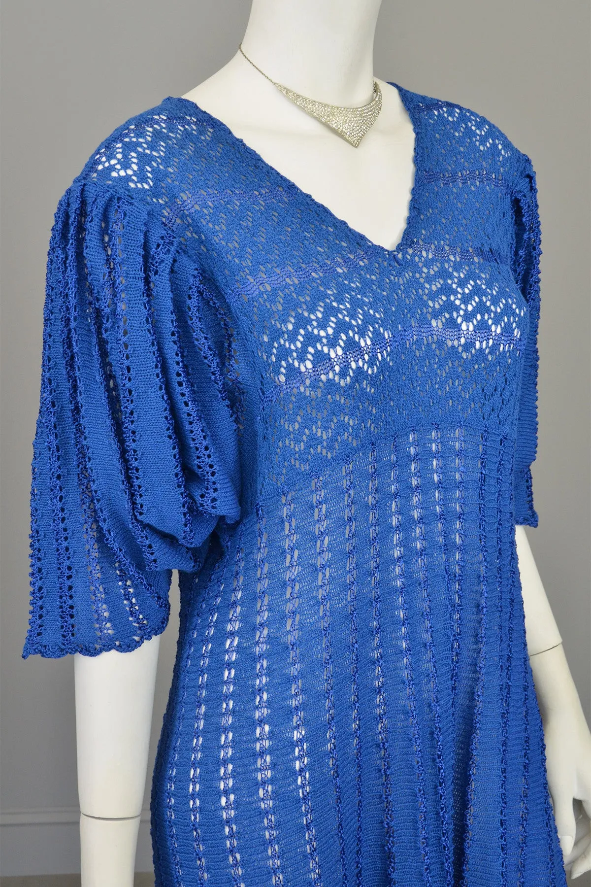 1970s Vibrant Blue Knit Crochet Dress Draping Angel Sleeves