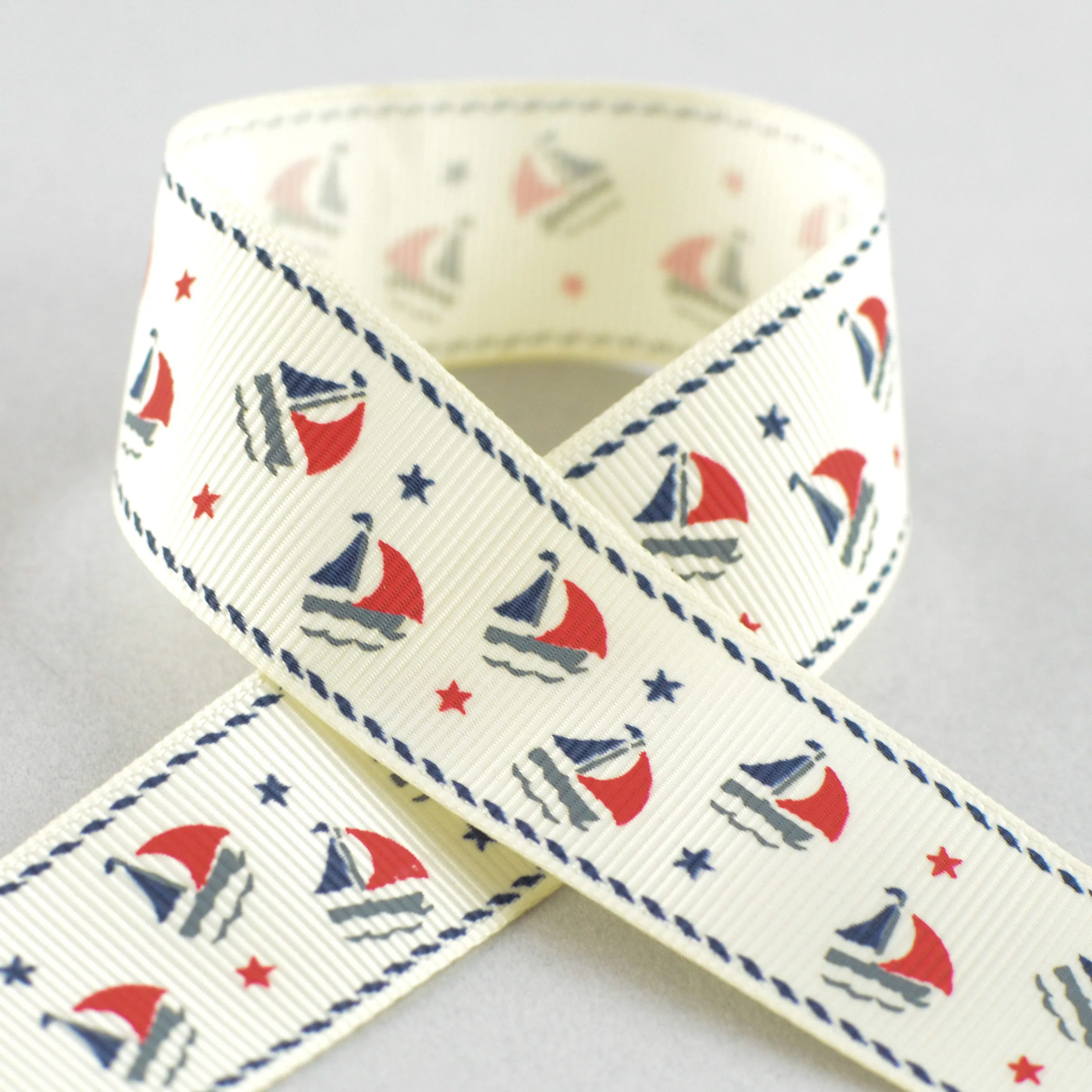 1" Sailboat Grosgrain Ribbon: Ivory, Navy & Red (25 Yards)