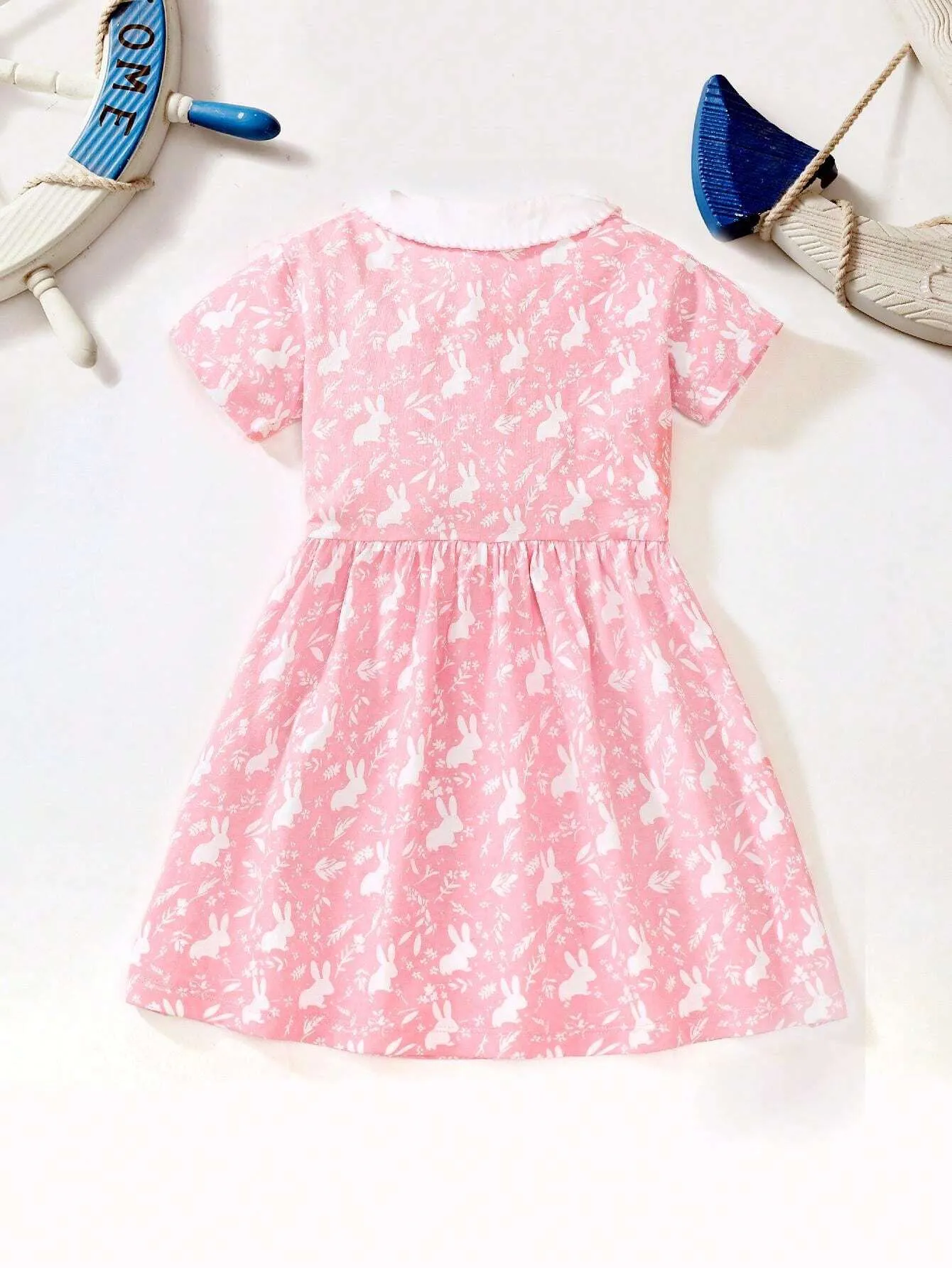 2024Young Girls Casual Doll Collar V-Neck Short Sleeve Dress With Button, Cartoon Rabbit Print Pattern, Fashionable And Exquisite Princess Dress