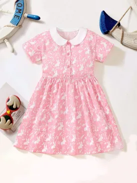 2024Young Girls Casual Doll Collar V-Neck Short Sleeve Dress With Button, Cartoon Rabbit Print Pattern, Fashionable And Exquisite Princess Dress