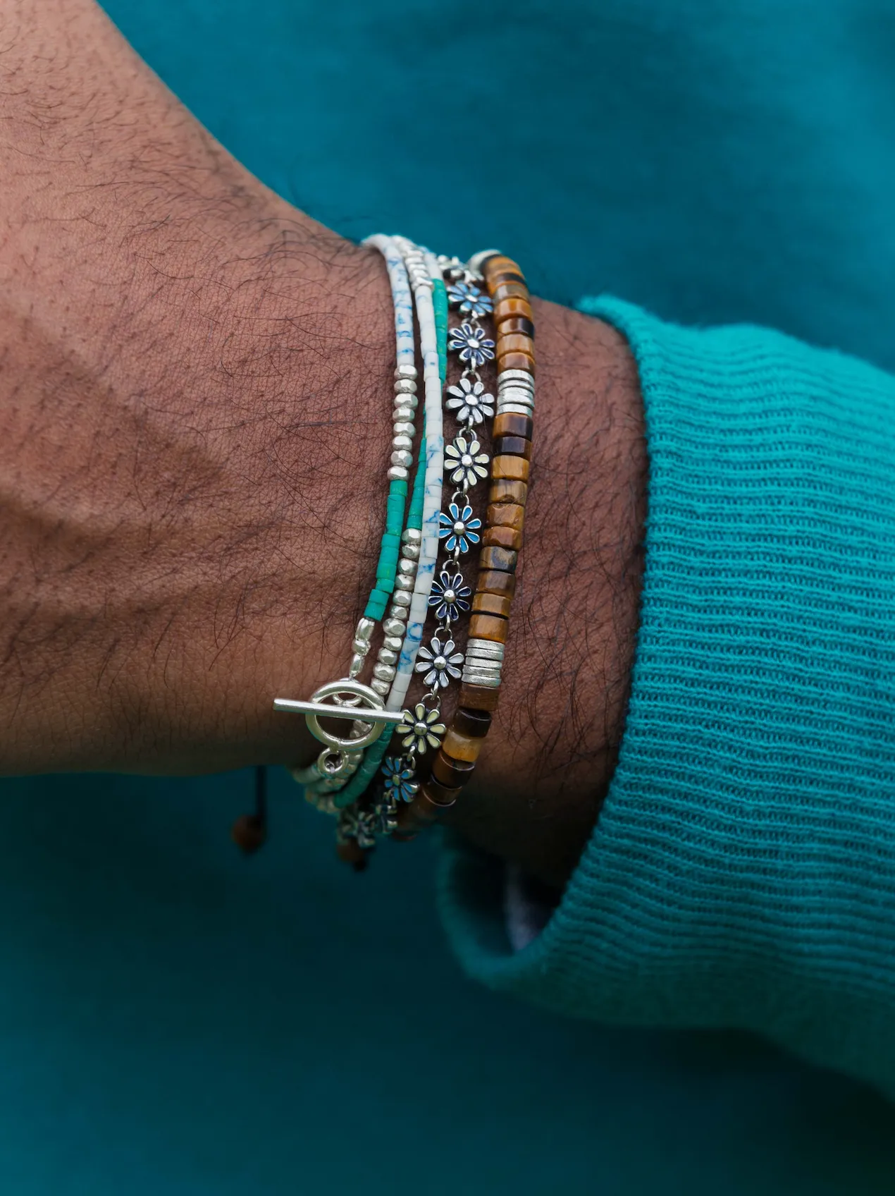 3 Laps Bracelet With Afghani And Sterling Silver Beads