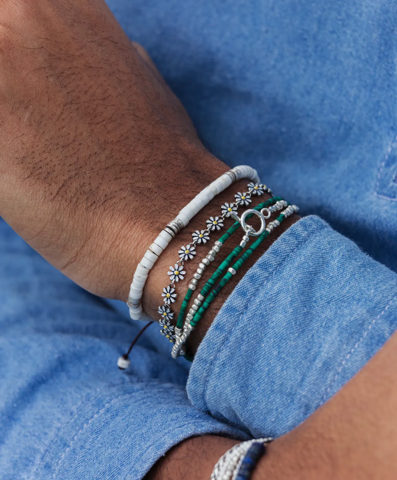 3 Laps Bracelet With Malachite And Sterling Silver Beads