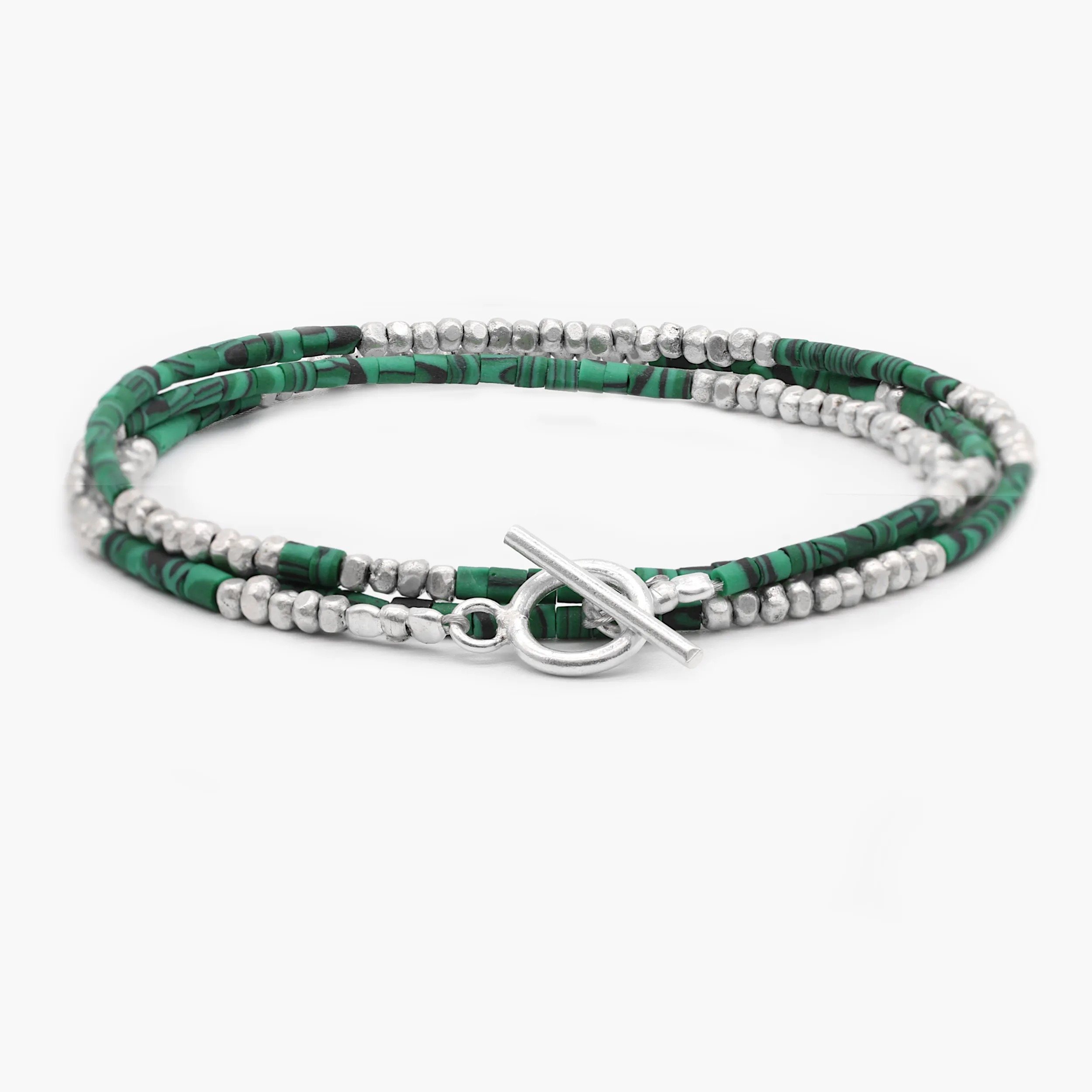 3 Laps Bracelet With Malachite And Sterling Silver Beads