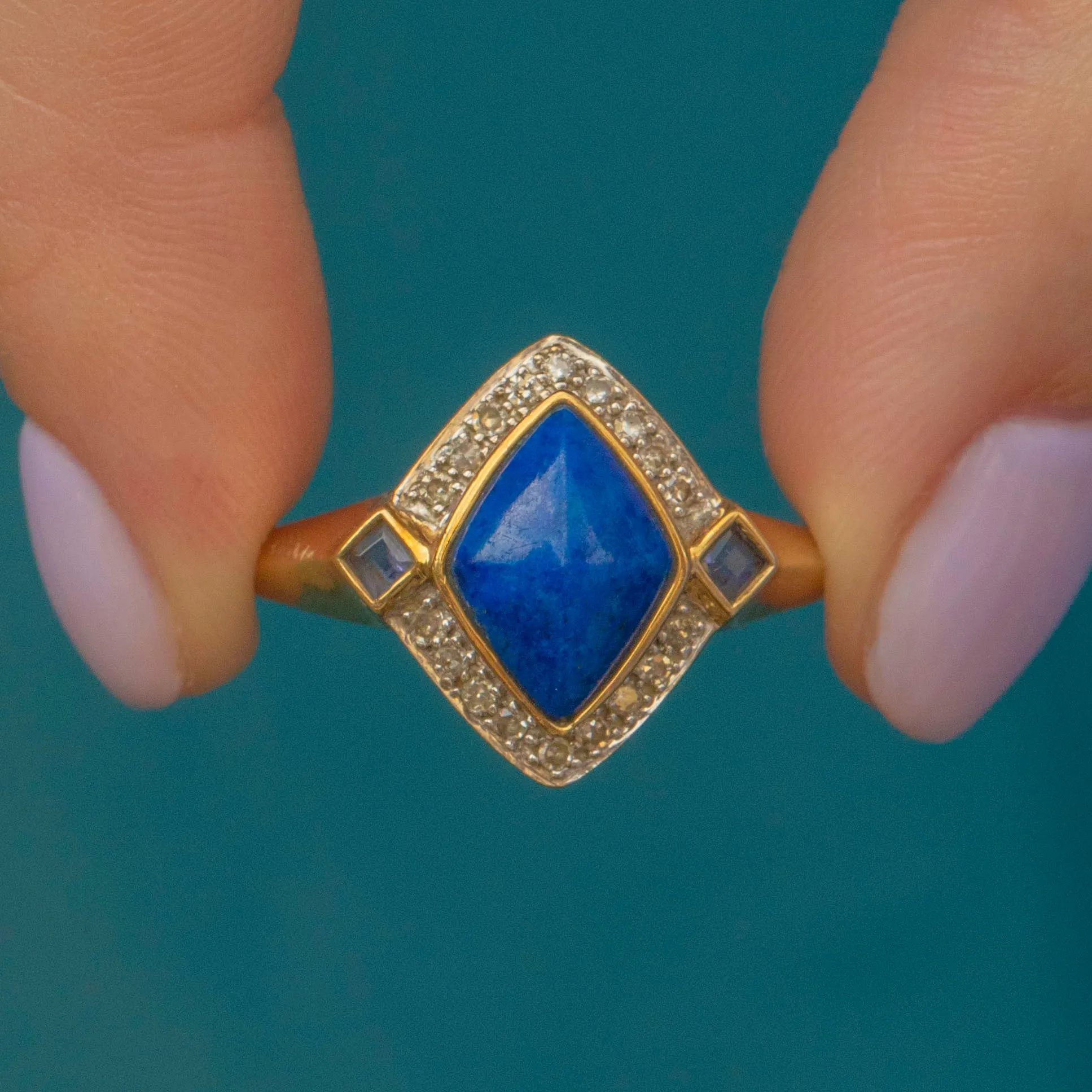 9ct Gold Lapis Lazuli Diamond Cluster Ring