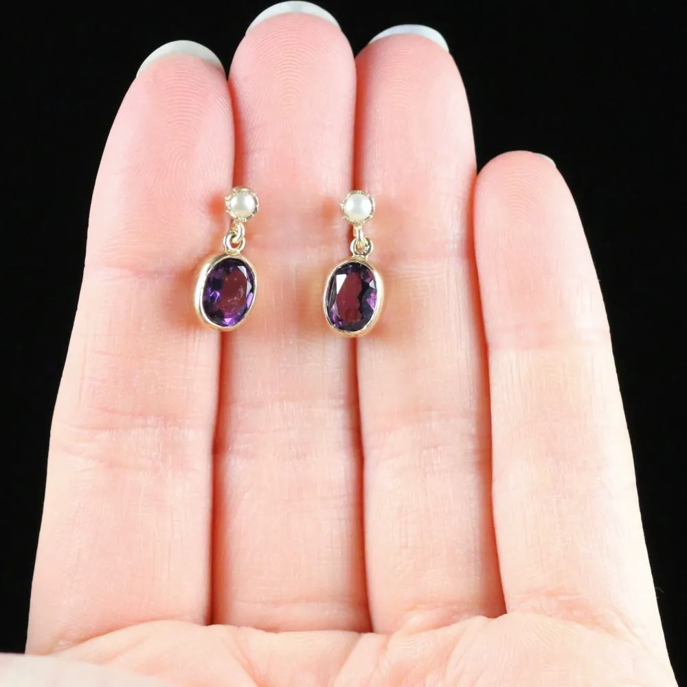 Amethyst Pearl Drop Earrings 9Ct Gold