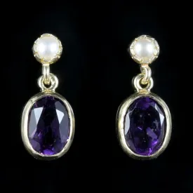 Amethyst Pearl Drop Earrings 9Ct Gold