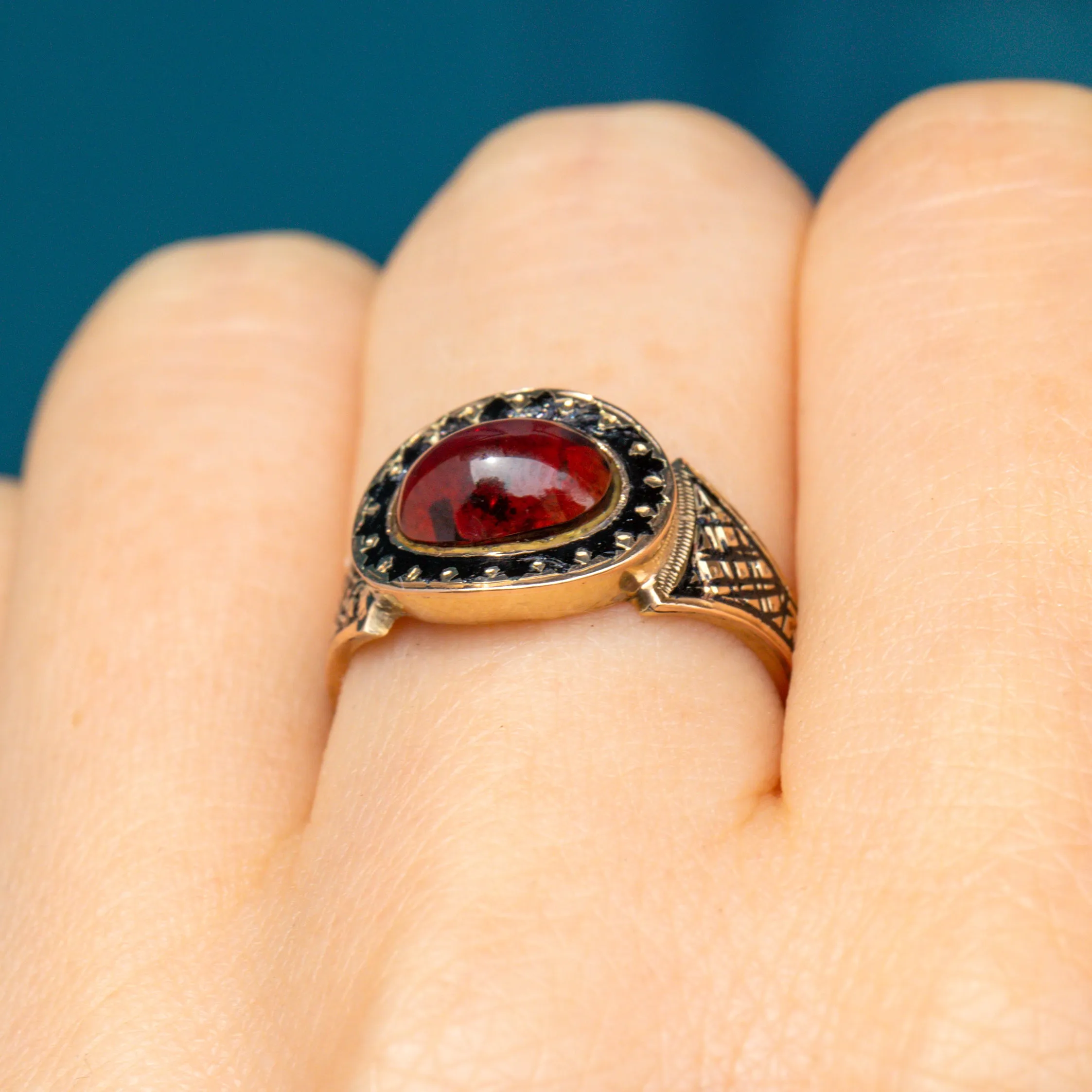 Antique 10ct Gold Garnet Cabochon Black Enamel Ring, 1.65ct