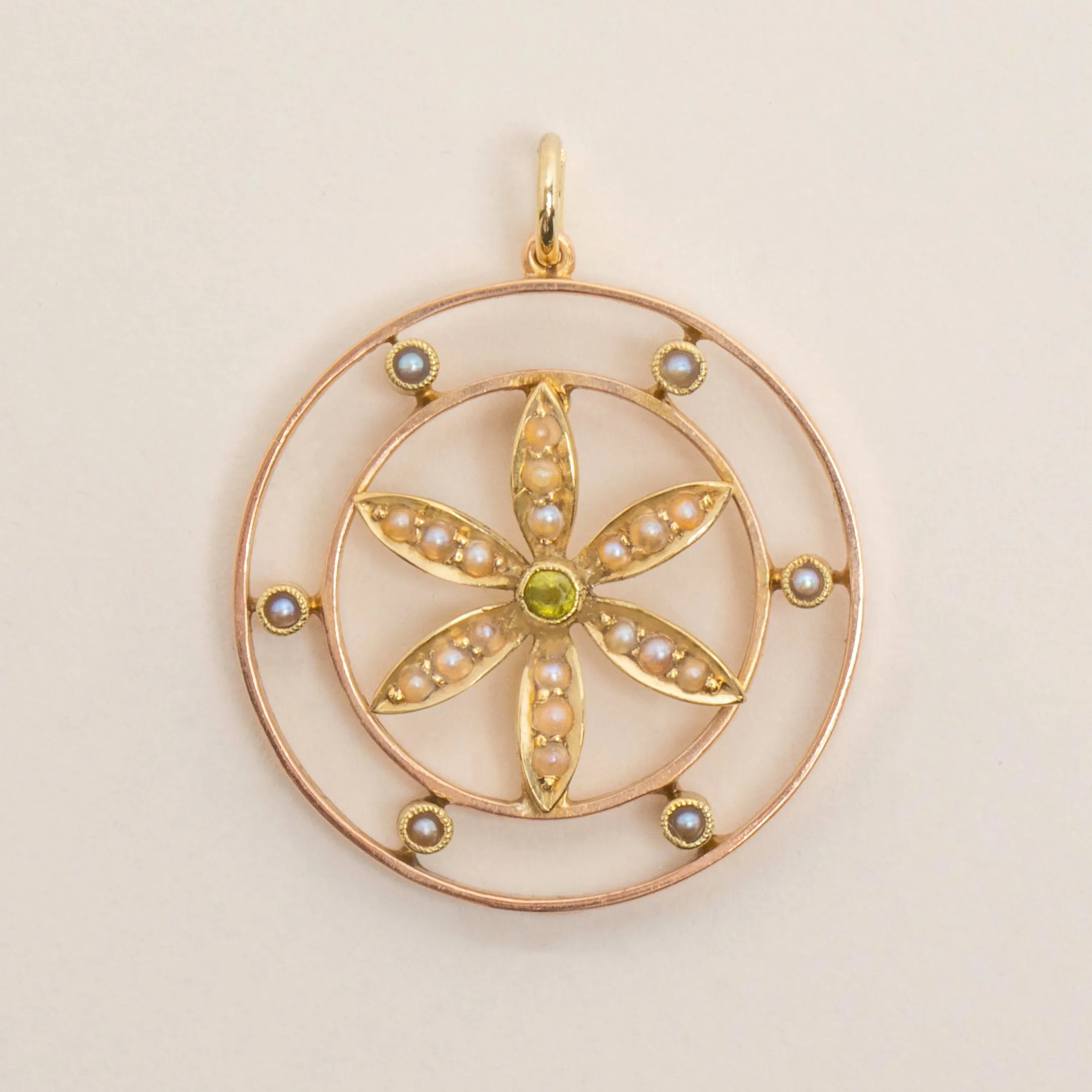 Antique 15ct Gold Peridot Pearl Flower Pendant