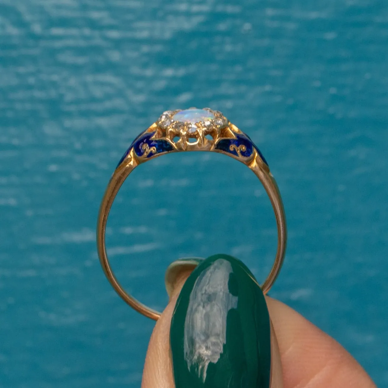 Antique 18ct Gold Opal Diamond Ring, Blue Enamel Shoulders c. 1860