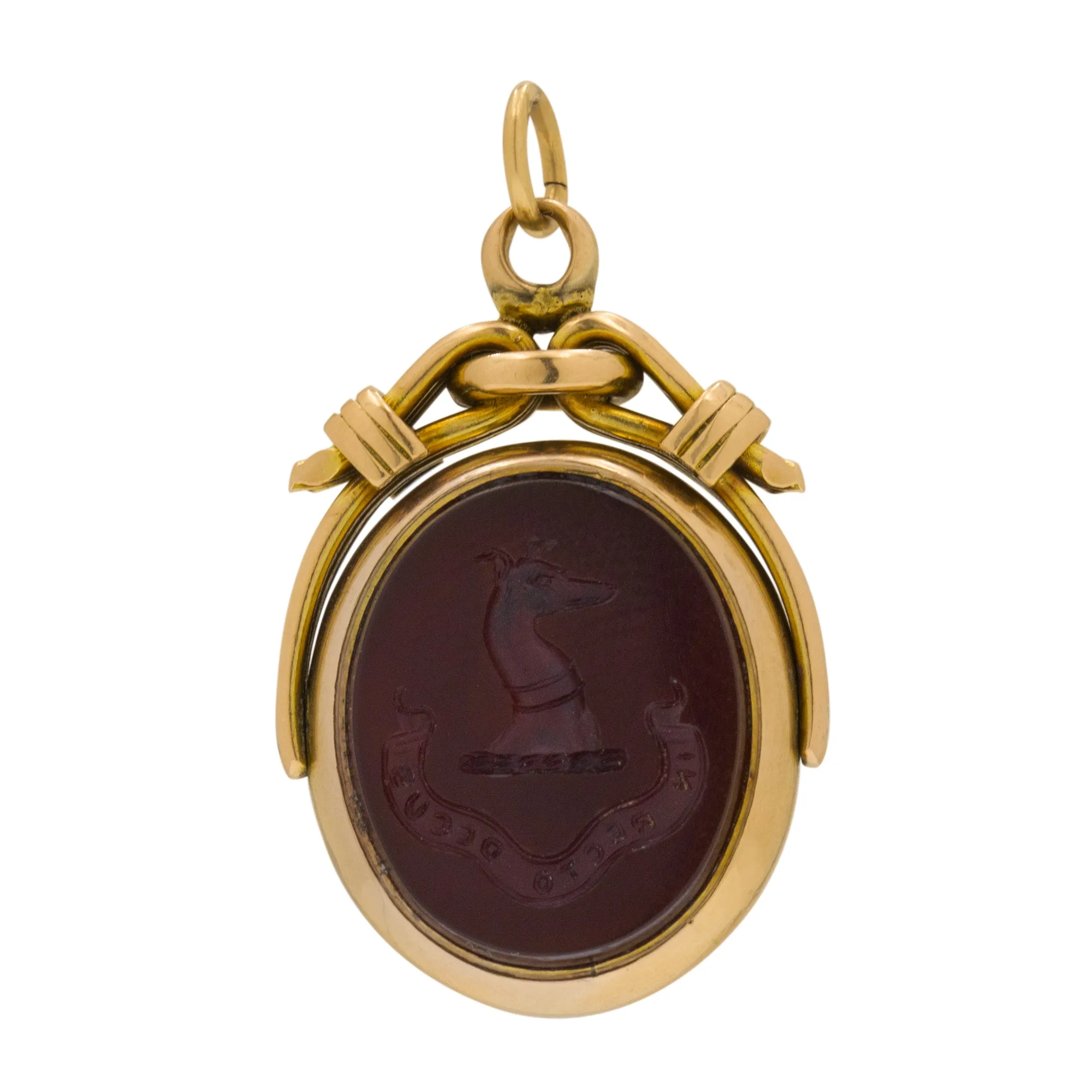 Antique 9ct Gold Carnelian Bloodstone Swivel Fob Pendant, 'In Recto Dues' - There is Honour in the Right Path