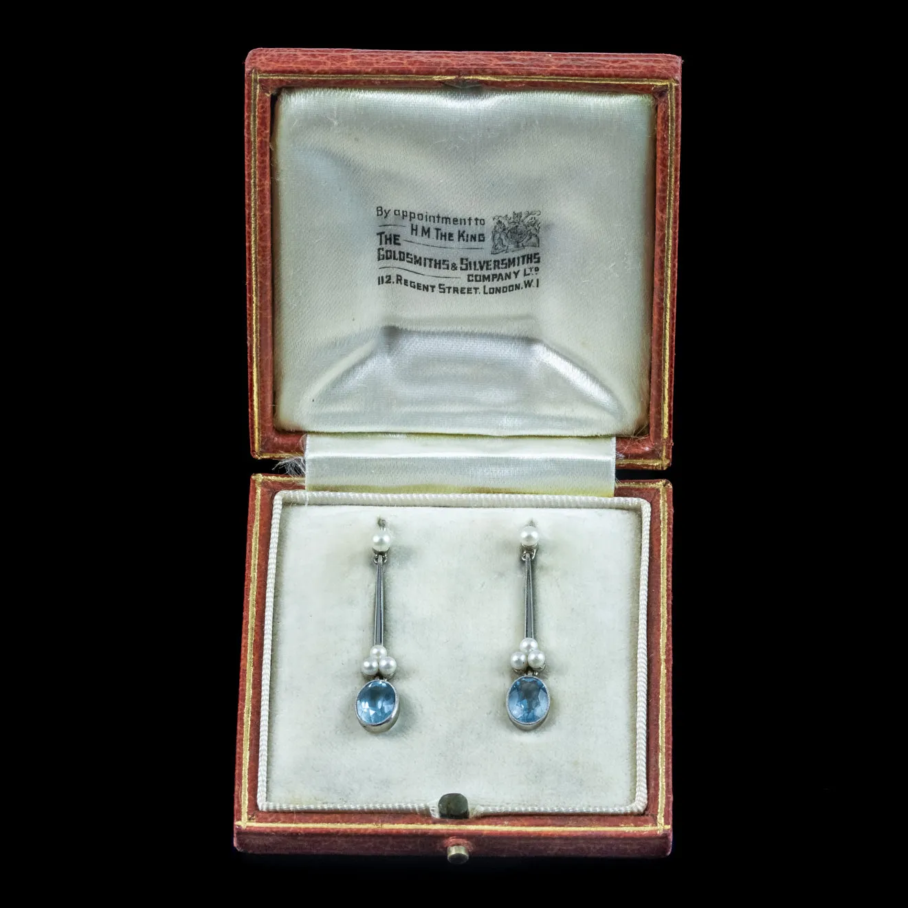 Antique Art Deco Aquamarine Pearl Drop Earrings With Box