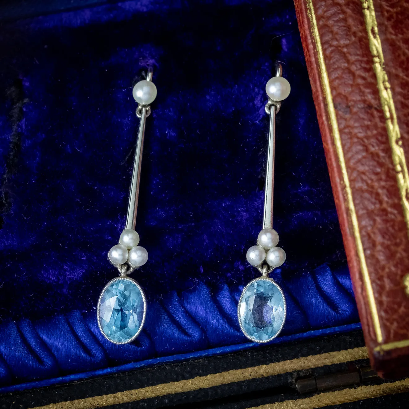 Antique Art Deco Aquamarine Pearl Drop Earrings With Box