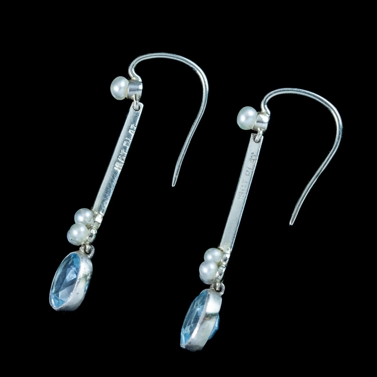 Antique Art Deco Aquamarine Pearl Drop Earrings With Box