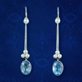 Antique Art Deco Aquamarine Pearl Drop Earrings With Box