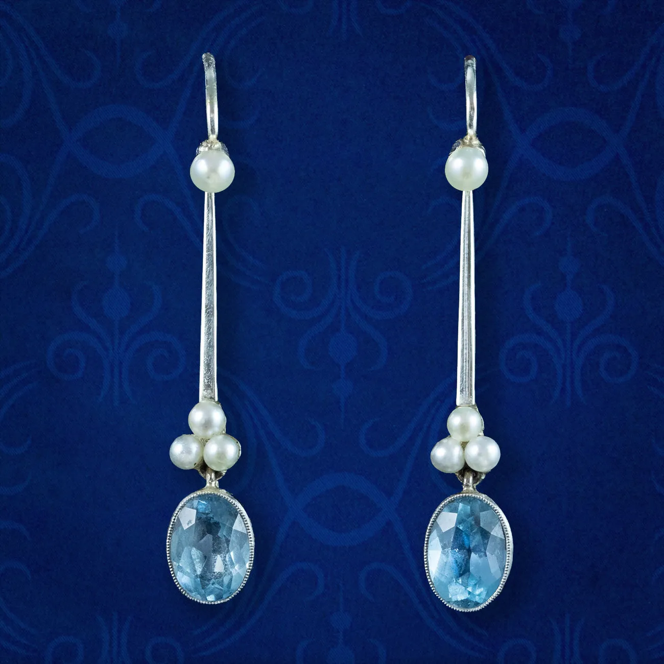 Antique Art Deco Aquamarine Pearl Drop Earrings With Box