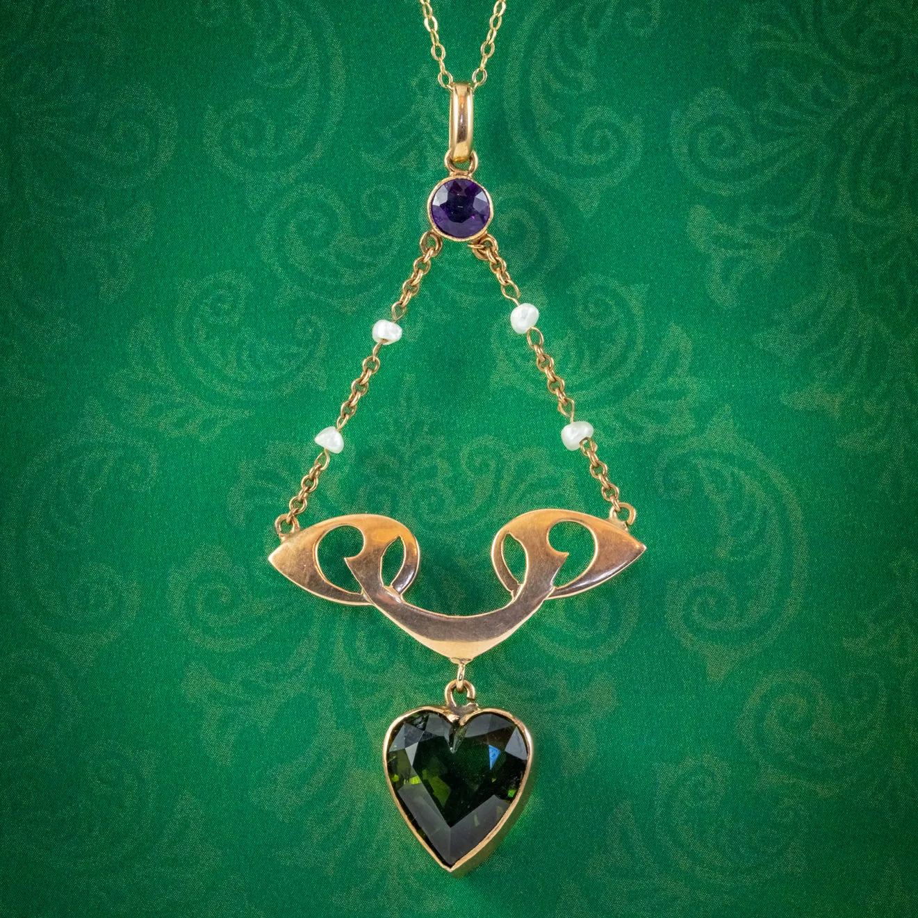 Antique Arts And Crafts Suffragette Heart Pendant Necklace 9ct Gold Rolason Brothers Dated 1912