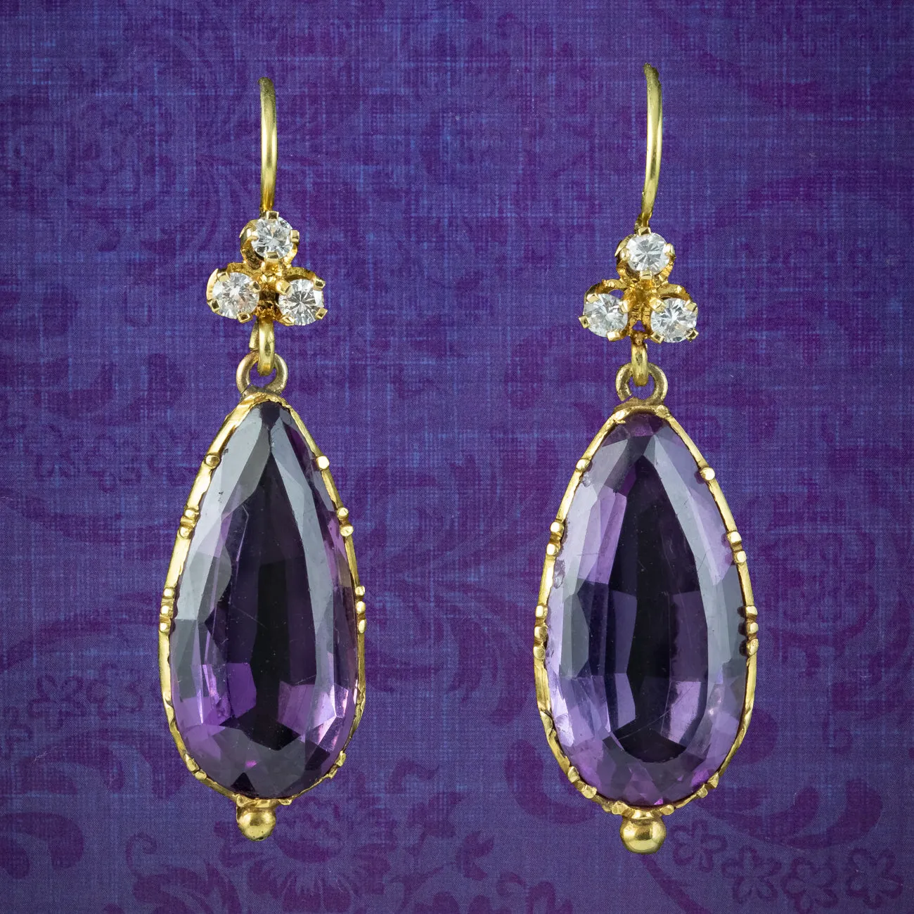 Antique Edwardian Amethyst Diamond Drop Earrings 7ct Amethysts