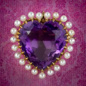 Antique Edwardian Amethyst Pearl Heart Brooch 15ct Amethyst Circa 1905