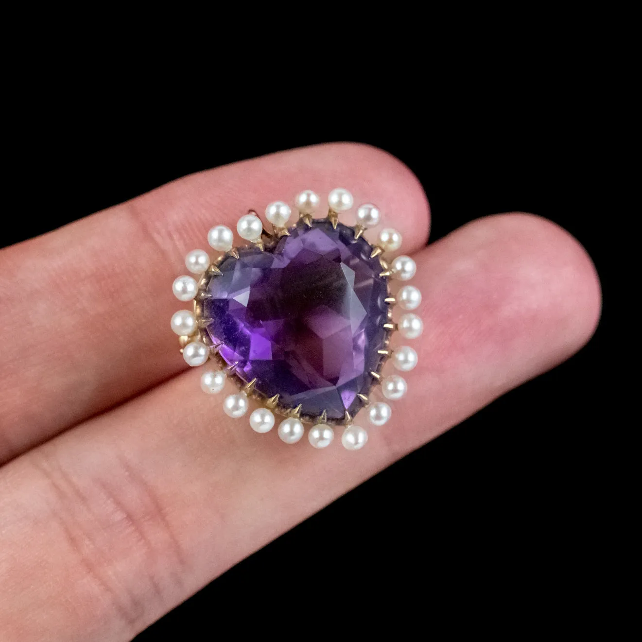 Antique Edwardian Amethyst Pearl Heart Brooch 15ct Amethyst Circa 1905