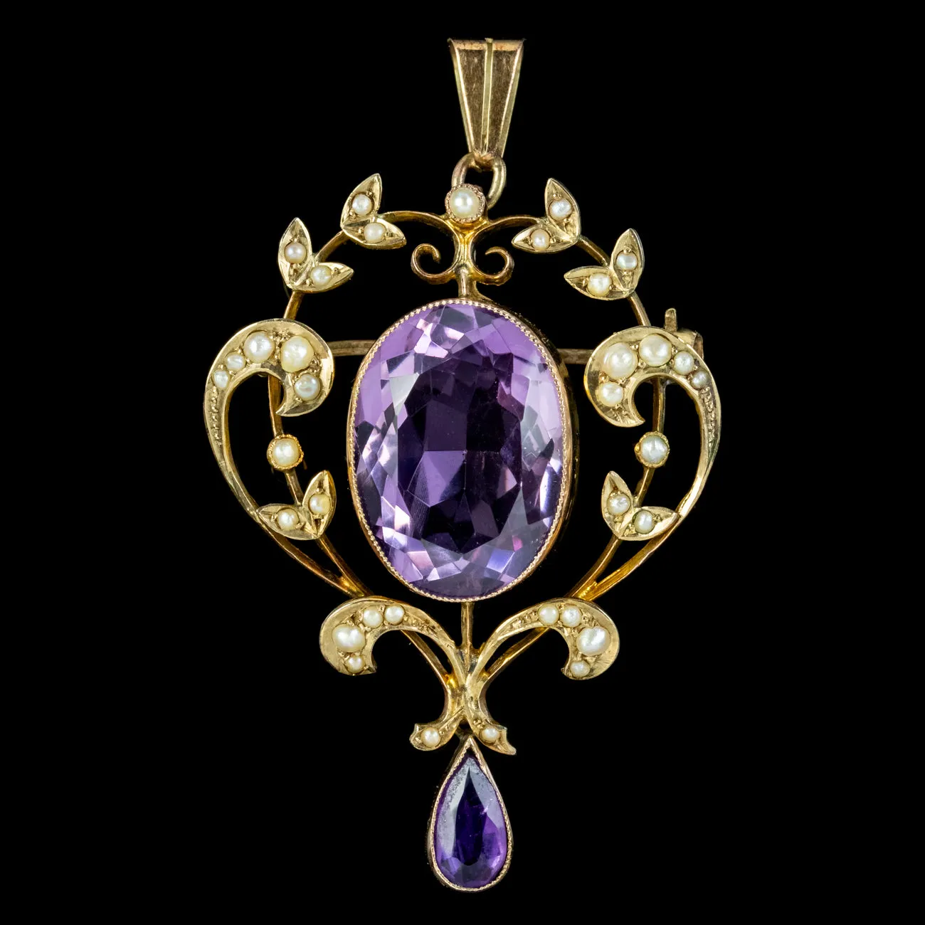 Antique Edwardian Amethyst Pearl Pendant 9ct Gold Circa 1910