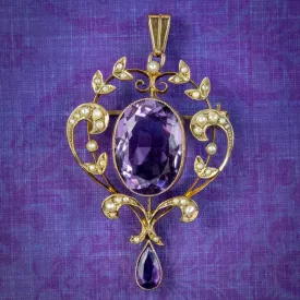 Antique Edwardian Amethyst Pearl Pendant 9ct Gold Circa 1910