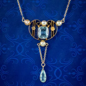 Antique Edwardian Aquamarine Pearl Lavaliere Necklace 15ct Gold