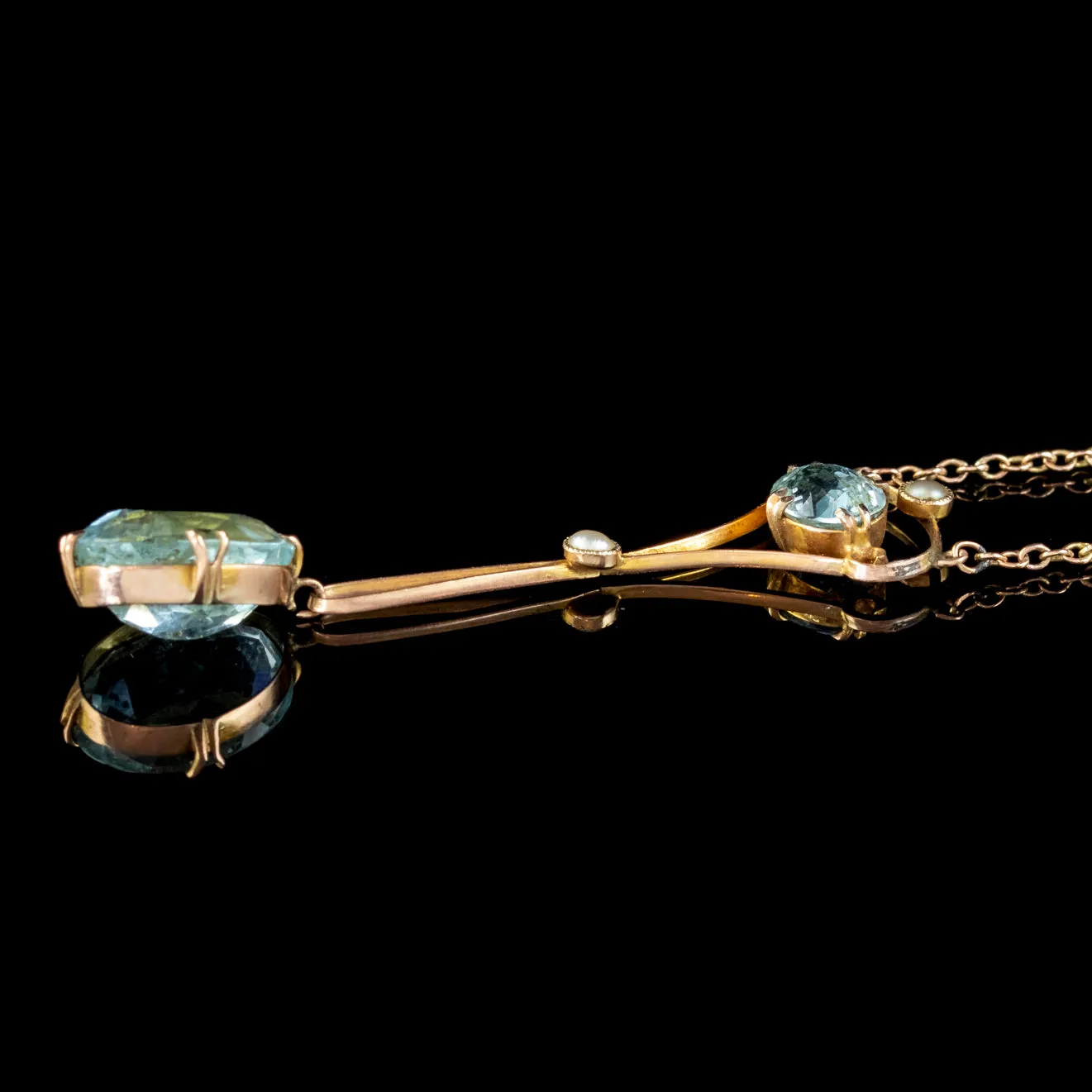 Antique Edwardian Aquamarine Pearl Lavaliere Necklace 9ct Gold 4.30ct Of Aqua Circa 1905