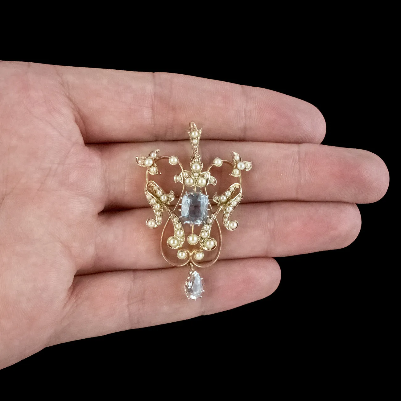 Antique Edwardian Aquamarine Pearl Pendant Brooch 15ct Gold With Box