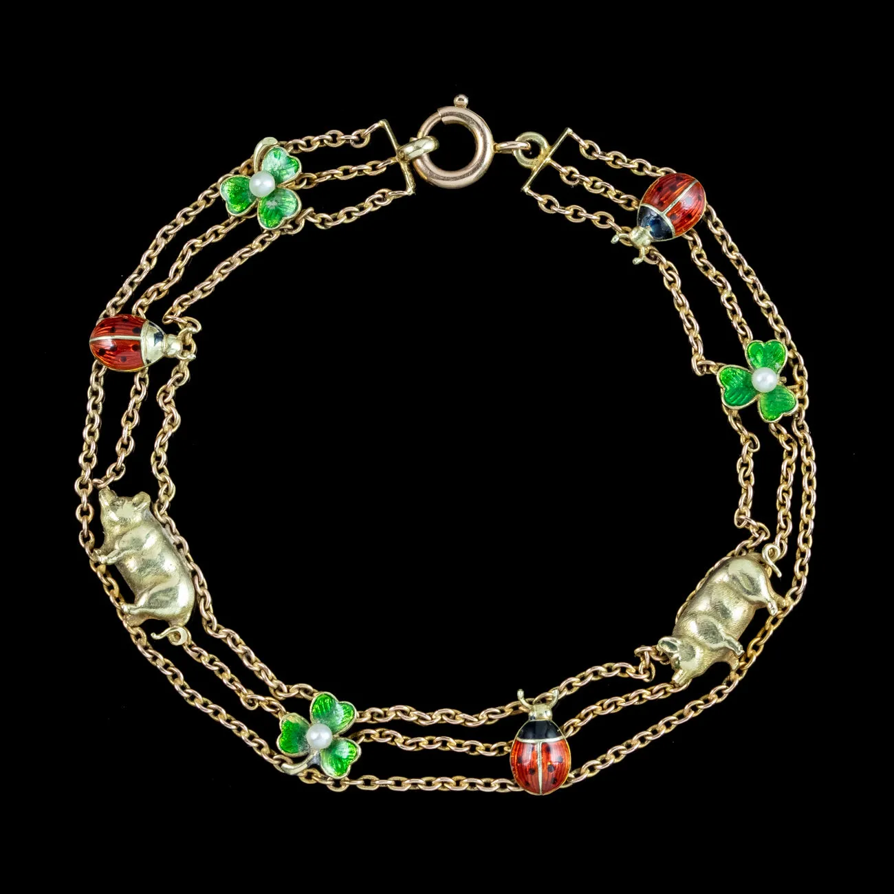 Antique Edwardian Bracelet With Lady Birds Pigs And Pearl Enamel Shamrocks