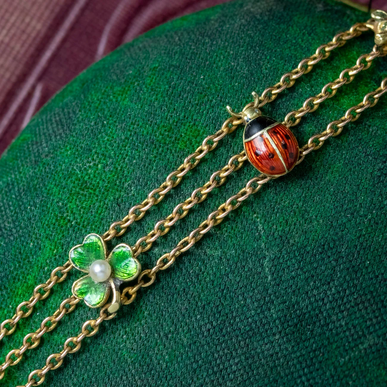 Antique Edwardian Bracelet With Lady Birds Pigs And Pearl Enamel Shamrocks