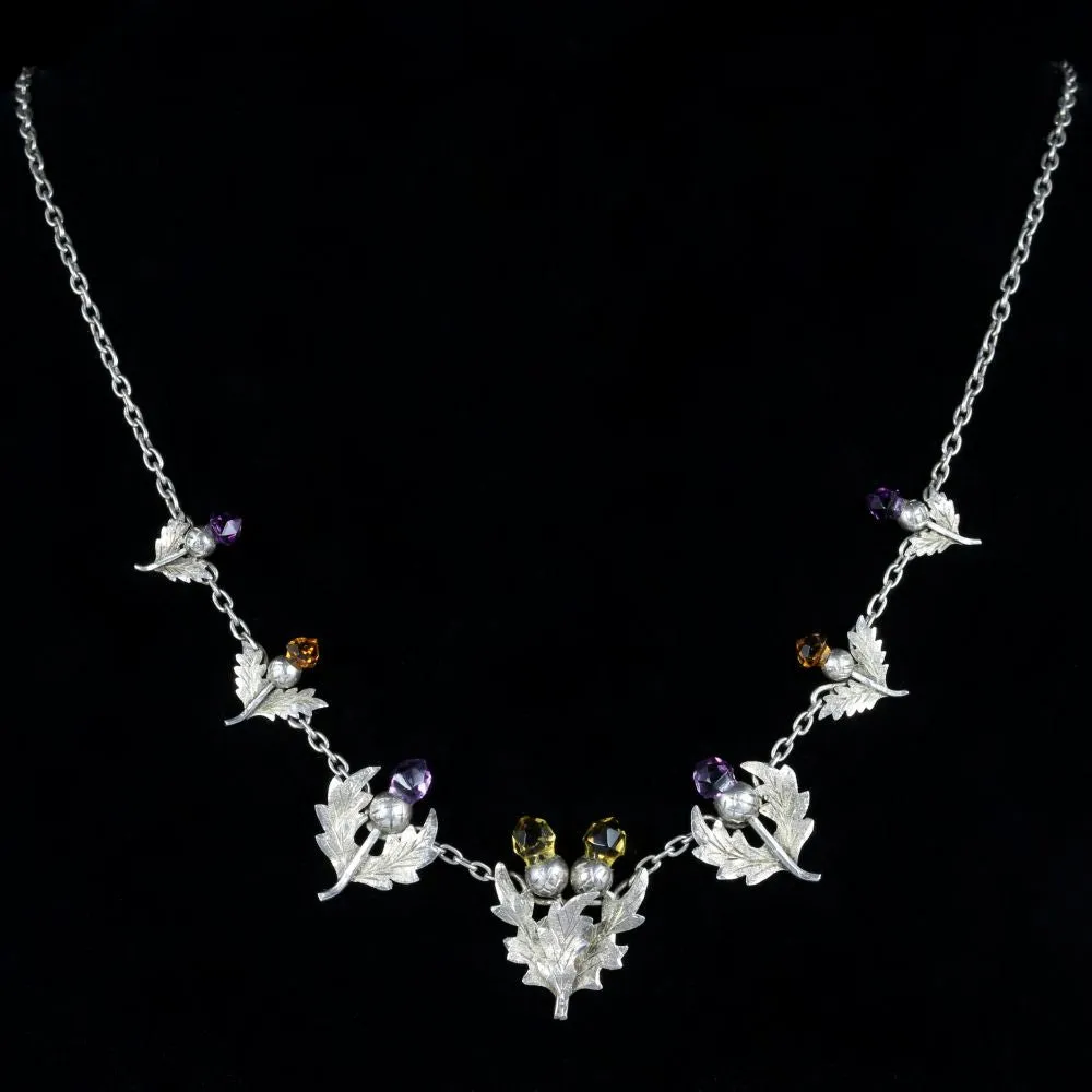 Antique Edwardian Citrine Amethyst Scottish Thistle Necklace Birmingham 1906