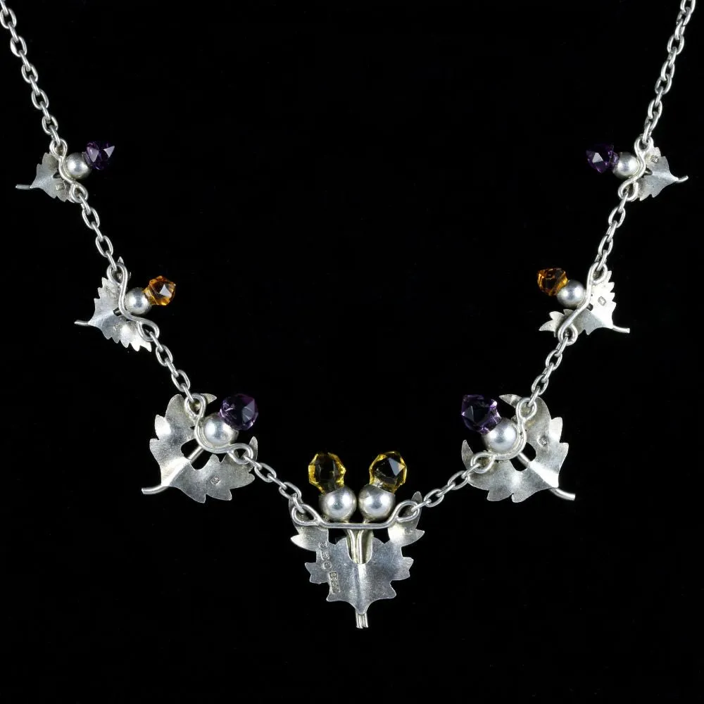 Antique Edwardian Citrine Amethyst Scottish Thistle Necklace Birmingham 1906