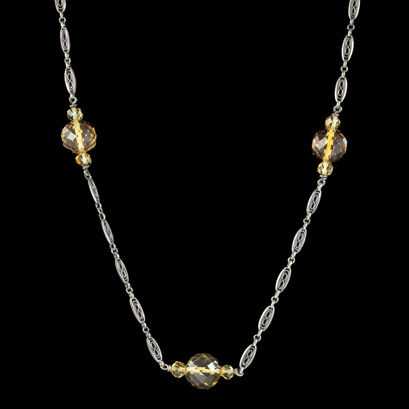 Antique Edwardian Citrine Bead Necklace Silver Chain