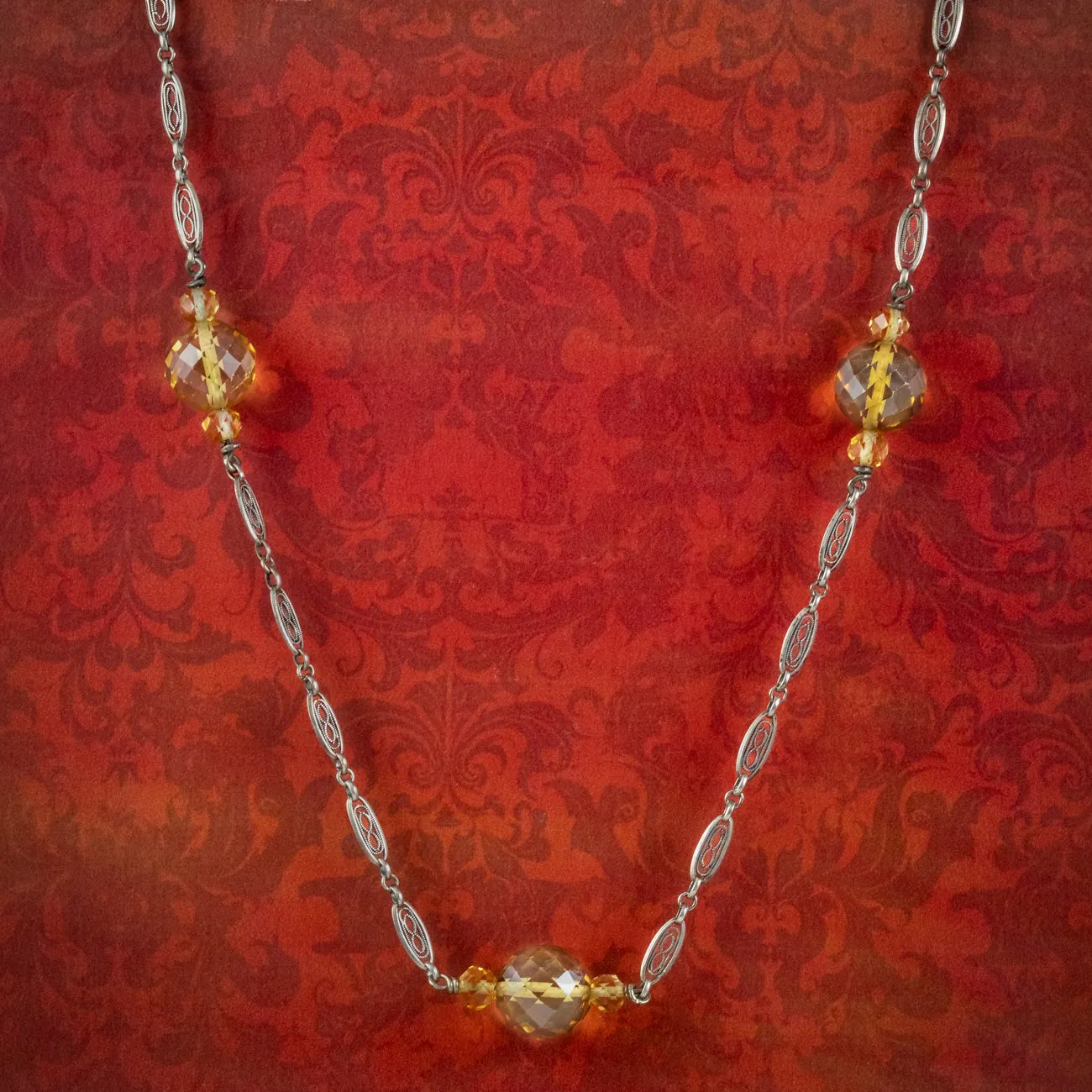 Antique Edwardian Citrine Bead Necklace Silver Chain