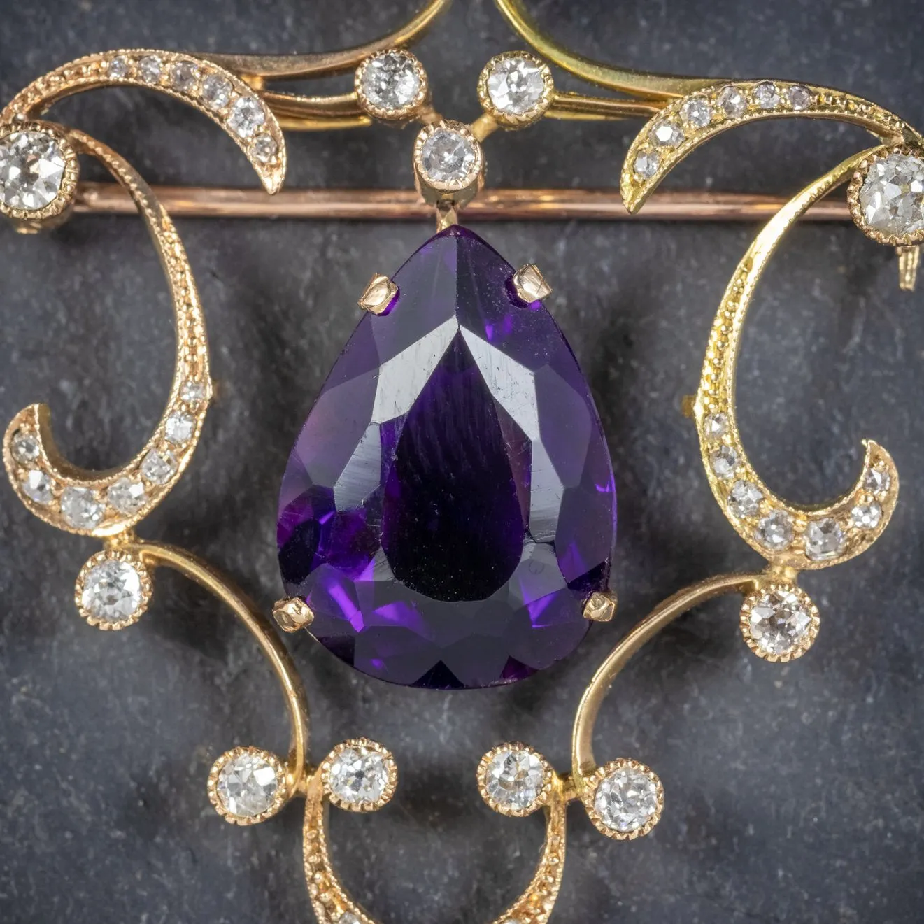 Antique Edwardian Diamond Amethyst Brooch 18Ct Gold Circa 1910